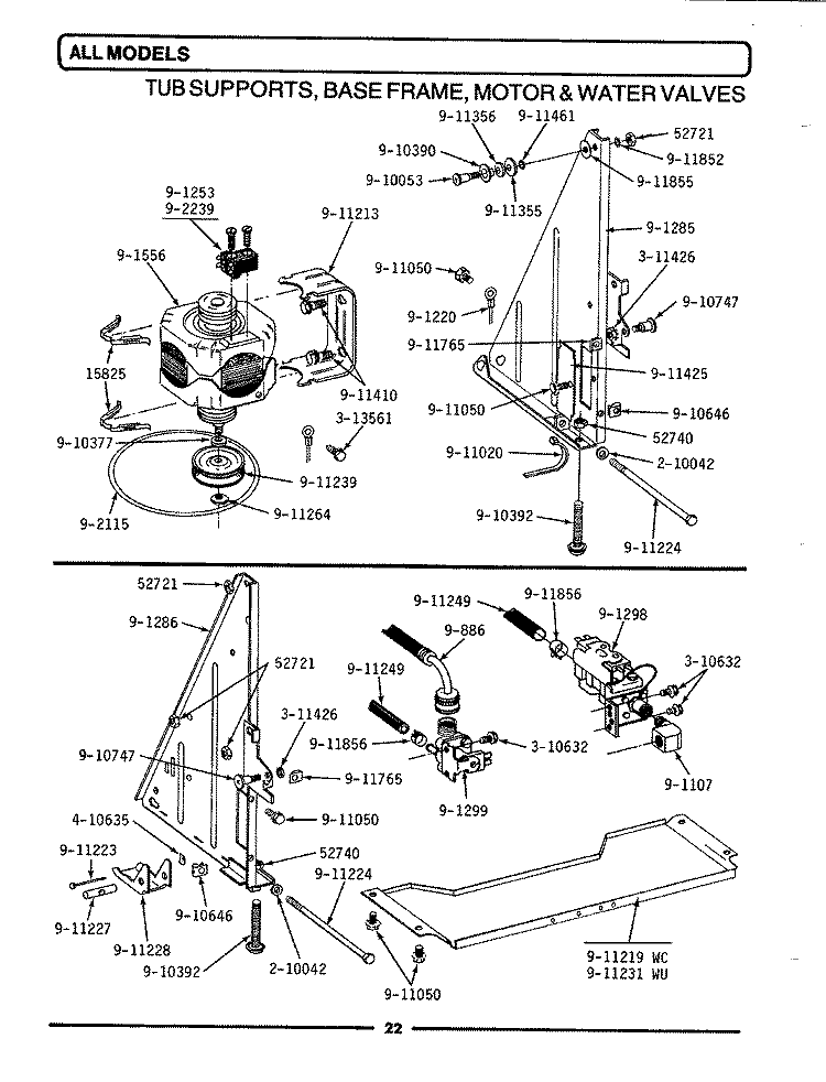 TUB SUPPORTS, BASE FRAME, MOTOR & VALVES Diagram and Parts List for WU700  Maytag Dishwasher