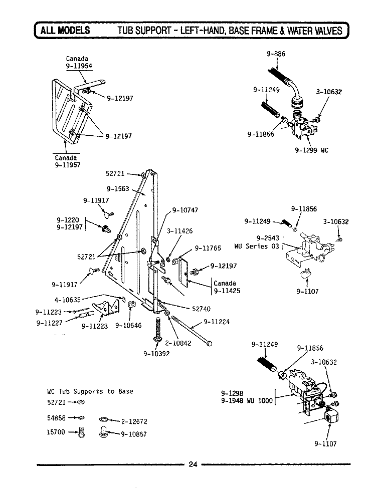 TUB SUPPORT (LEFT) FRAME & WATER VALVES Diagram and Parts List for WC282  Maytag Dishwasher