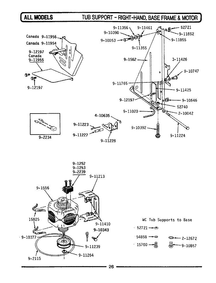 TUB SUPPORT (RIGHT) BASE FRAME & MOTOR Diagram and Parts List for WC282  Maytag Dishwasher