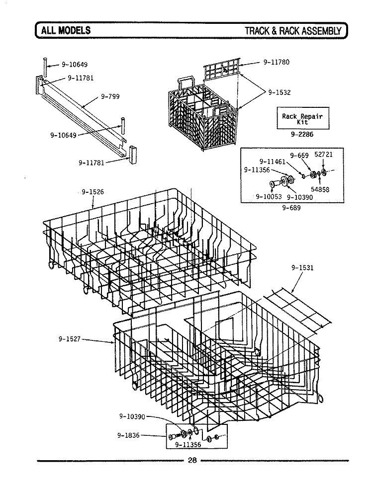 TRACK & RACK ASSEMBLY Diagram and Parts List for WC282  Maytag Dishwasher