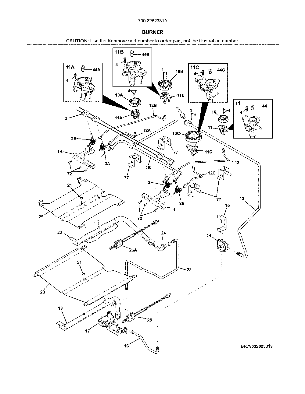Burner Diagram and Parts List for 7903262331A  Kenmore Range