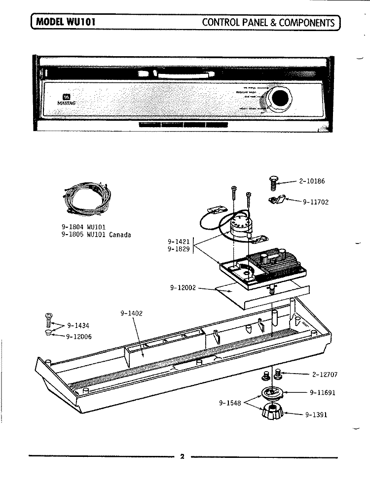 CONTROL PANEL & COMPONENTS Diagram and Parts List for WU101  Maytag Dishwasher