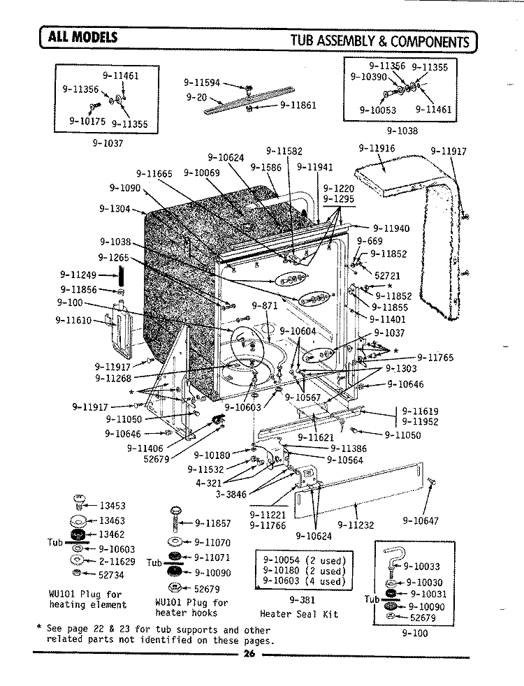 TUB ASSEMBLY & COMPONENTS Diagram and Parts List for WU701  Maytag Dishwasher