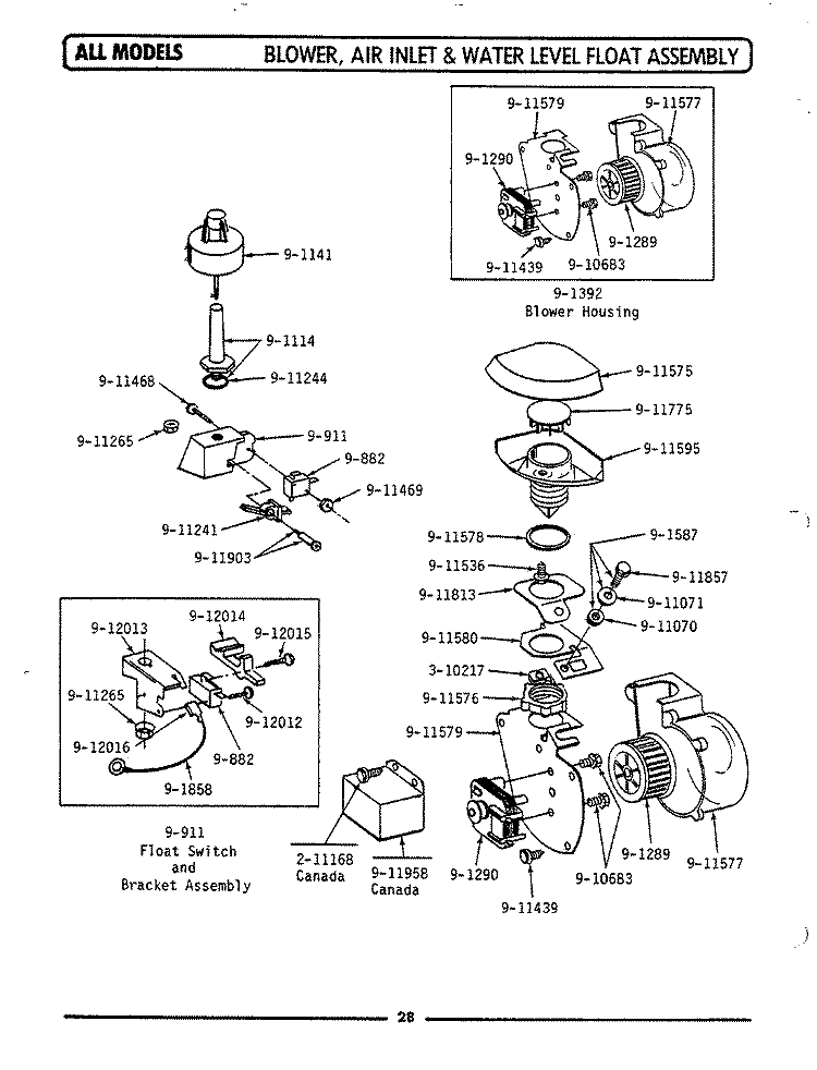 BLOWER / AIR INLET & WATER LEVEL FLOAT Diagram and Parts List for WU701  Maytag Dishwasher