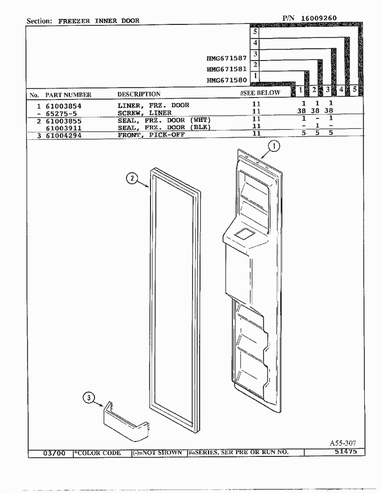 Freezer Inner Door Diagram and Parts List for HMG671580  Admiral Refrigerator