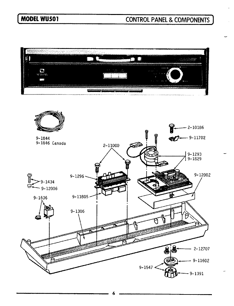 CONTROL PANEL & COMPONENTS Diagram and Parts List for WU501  Maytag Dishwasher