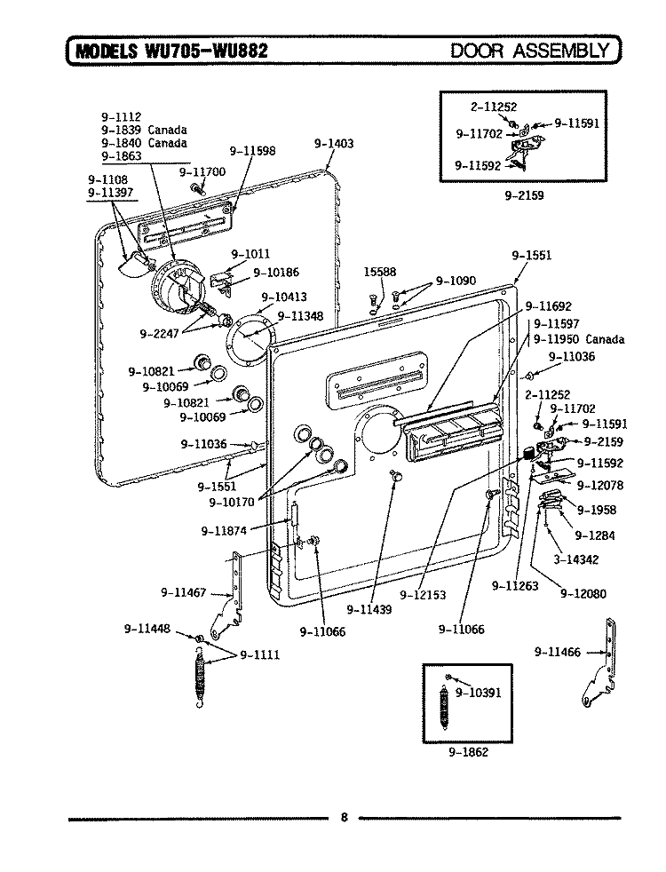 DOOR ASSEMBLY Diagram and Parts List for WU882  Maytag Dishwasher