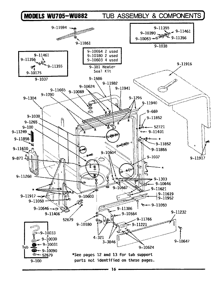 TUB ASSEMBLY & COMPONENTS Diagram and Parts List for WU882  Maytag Dishwasher