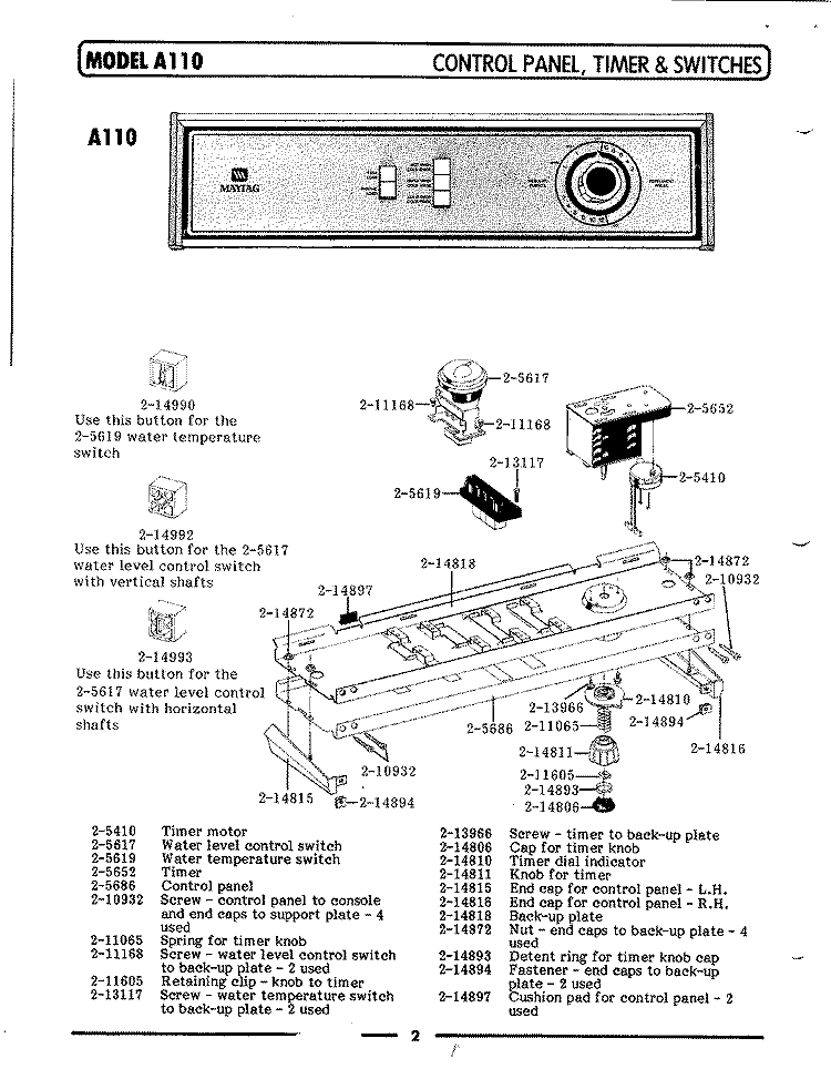 CONTROL PANEL, TIMER & SWITCHES (A110) Diagram and Parts List for A110  Maytag Washer