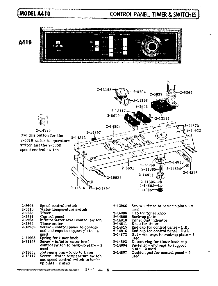 CONTROL PANEL, TIMER & SWITCHES (A410) Diagram and Parts List for A410  Maytag Washer