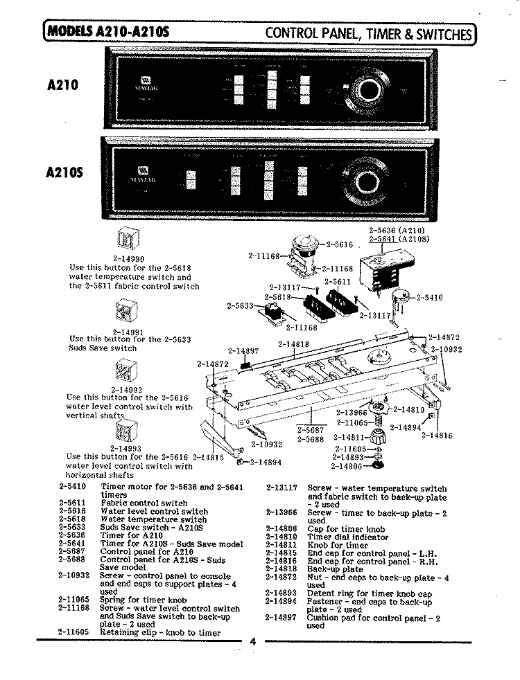 CONTROL PANEL, TIMER & SWITCHES Diagram and Parts List for A210S  Maytag Washer