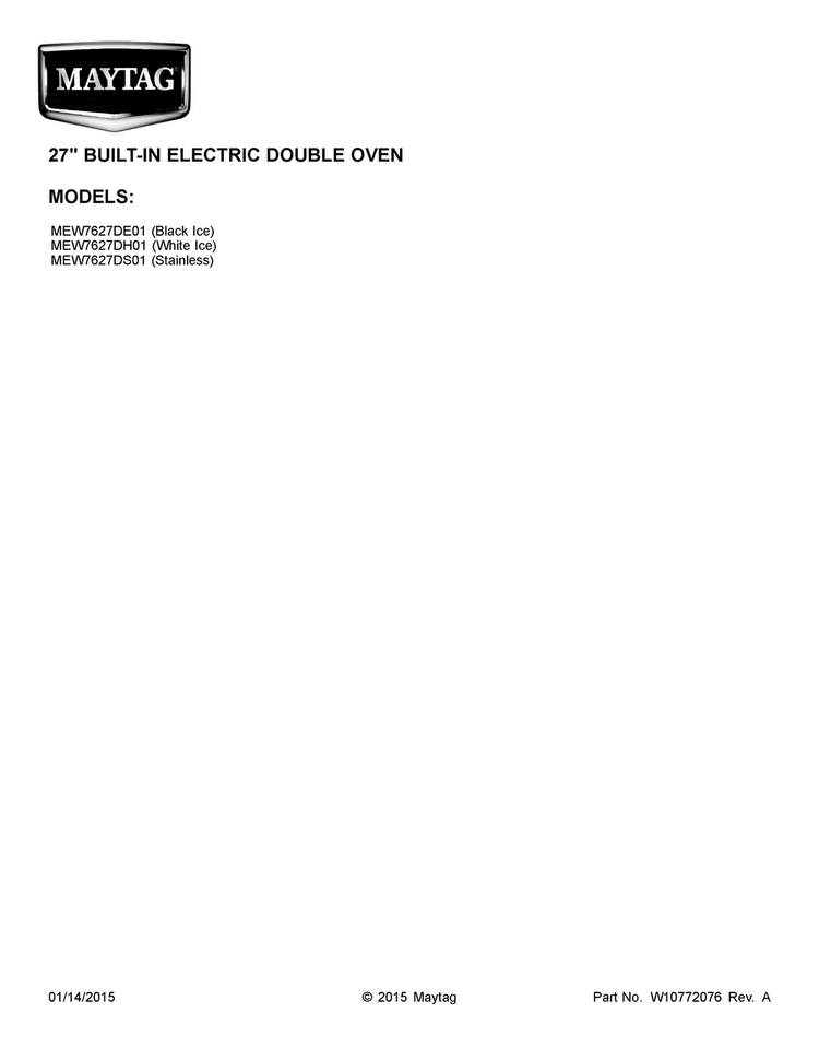Cover Sheet Diagram and Parts List for MEW7627DE01  Maytag Wall Oven