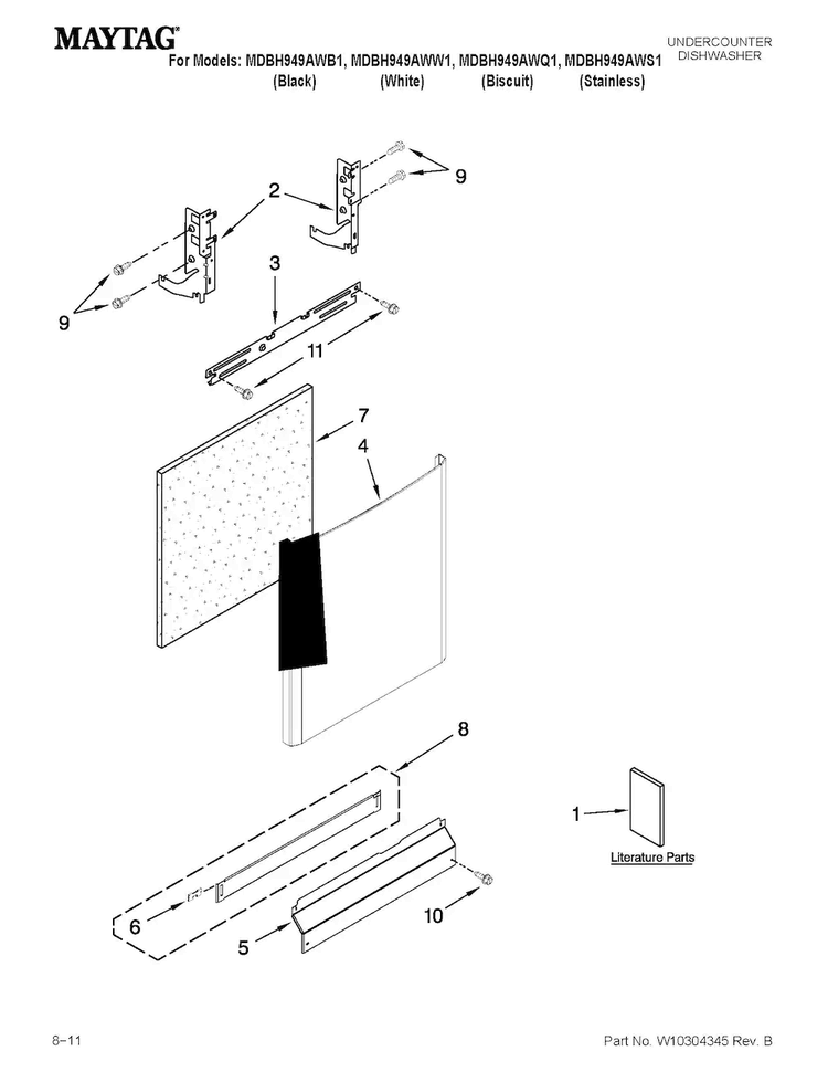 Door And Panel Parts Diagram and Parts List for MDBH949AWW1  Maytag Dishwasher