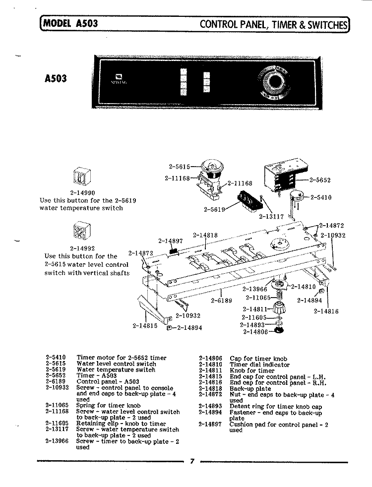 CONTROL PANEL, TIMER & SWITCHES Diagram and Parts List for LA503  Maytag Washer