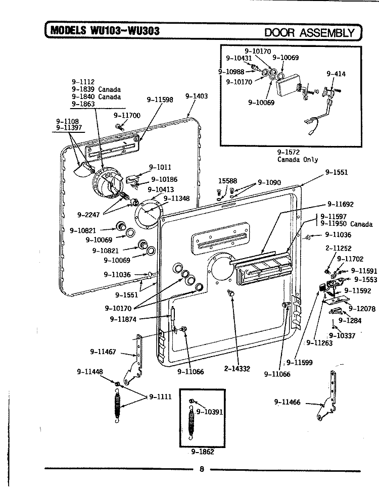 DOOR ASSEMBLY Diagram and Parts List for WU103  Maytag Dishwasher