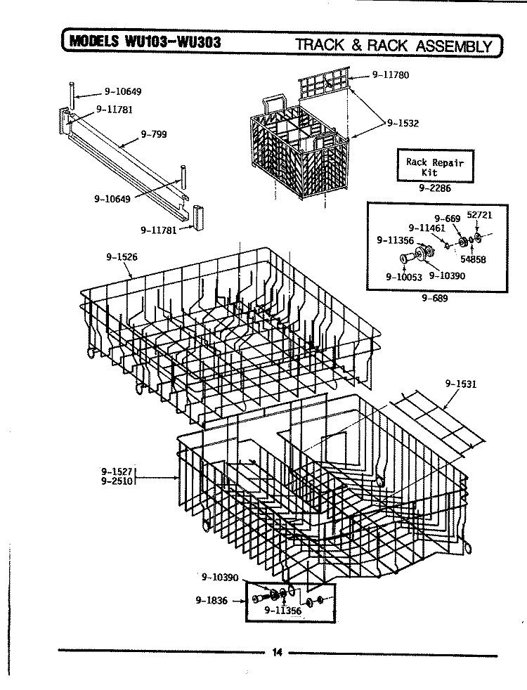 TRACK & RACK ASSEMBLY Diagram and Parts List for WU103  Maytag Dishwasher