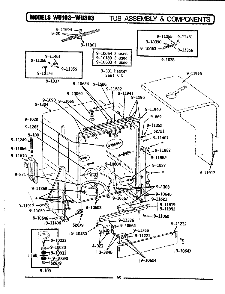 TUB ASSEMBLY & COMPONENTS Diagram and Parts List for WU103  Maytag Dishwasher