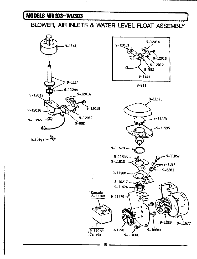 BLOWER / AIR INLET & WATER LEVEL FLOAT Diagram and Parts List for WU103  Maytag Dishwasher