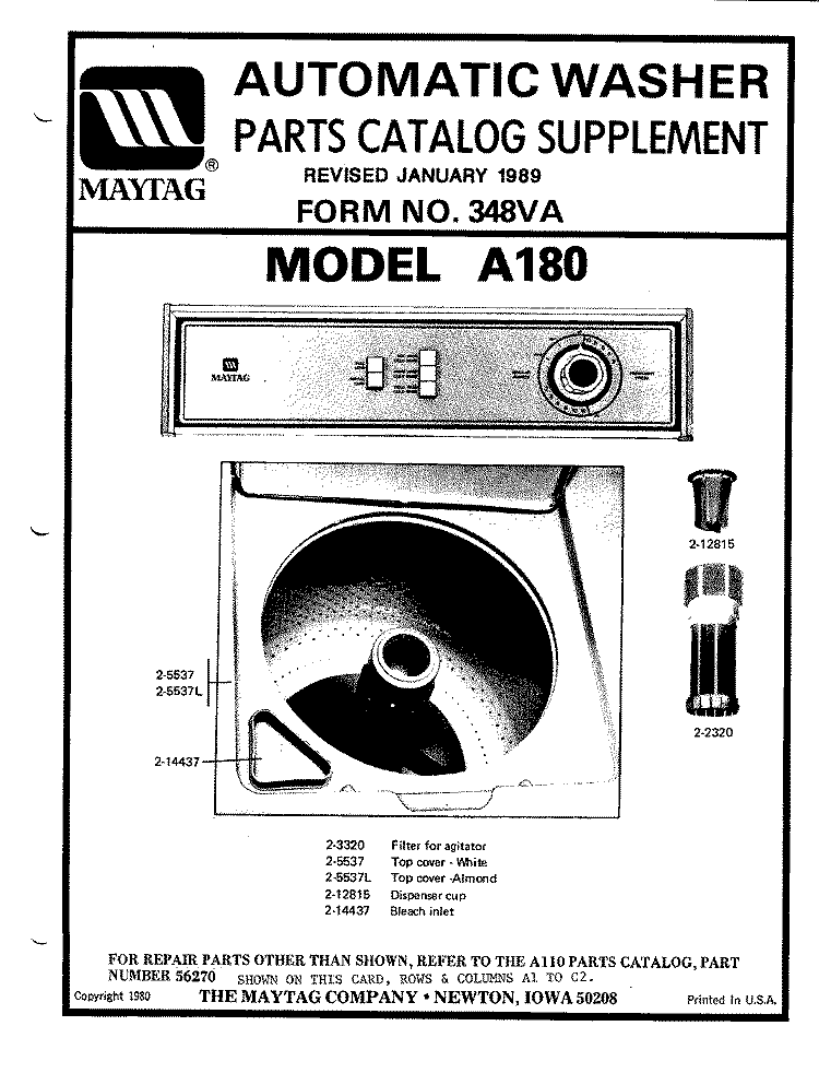 PARTS CATALOG SUPPLEMENT (A180) Diagram and Parts List for A180  Maytag Washer