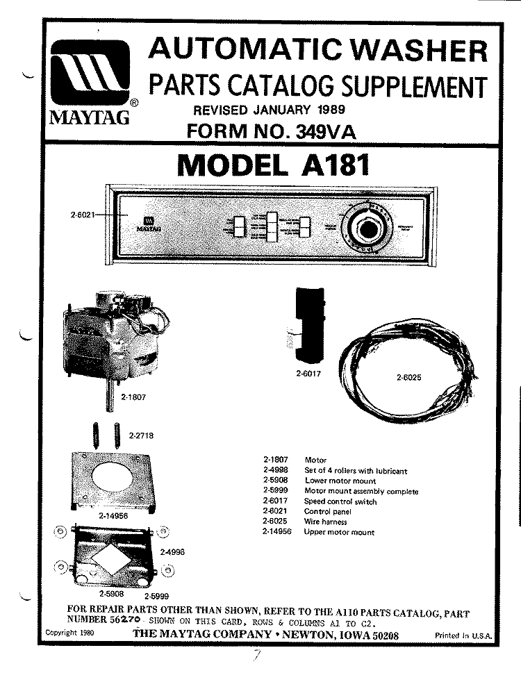 PARTS CATALOG SUPPLEMENT (A181) Diagram and Parts List for A181  Maytag Washer