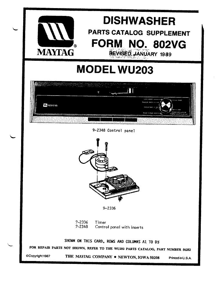 CATALOG SUPPLEMENT (WU203 - FEB. 1987) Diagram and Parts List for WU203  Maytag Dishwasher