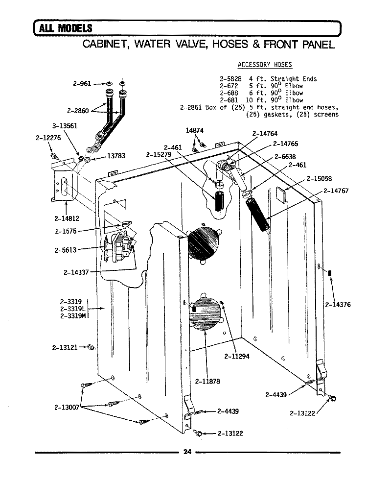 CABINET, WATER VALVE, HOSES & FRNT PANEL Diagram and Parts List for A112  Maytag Washer