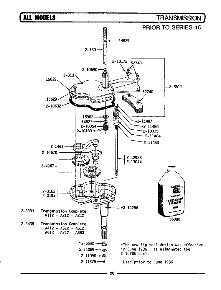 TRANSMISSION Diagram and Parts List for A112  Maytag Washer