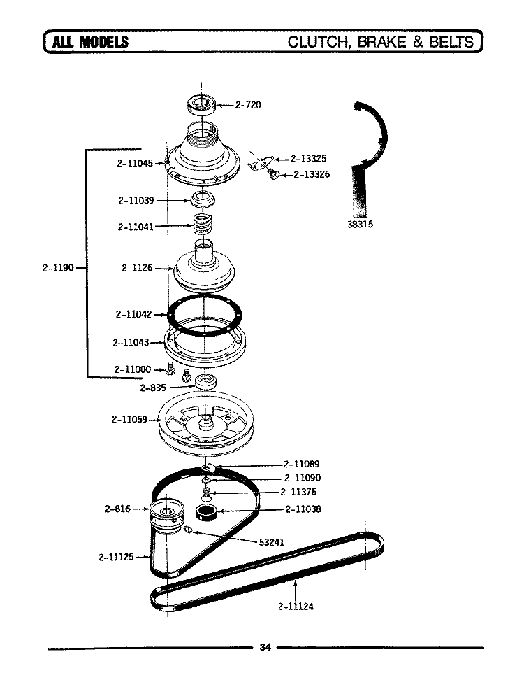 CLUTCH, BRAKE & BELTS Diagram and Parts List for A112  Maytag Washer