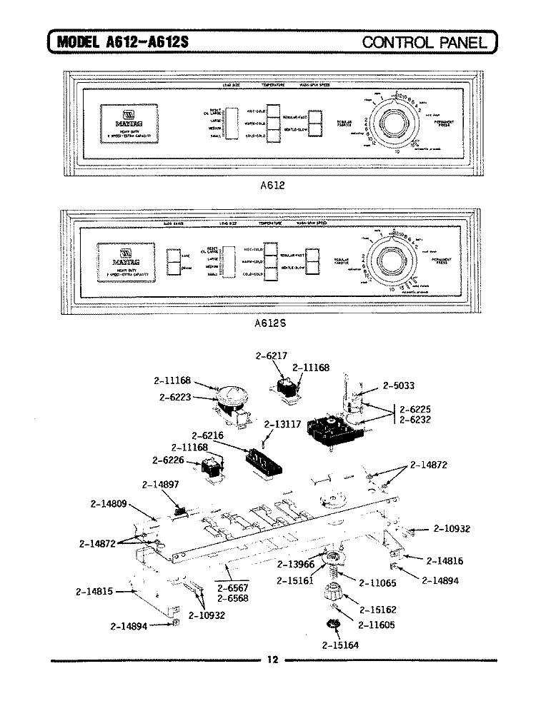 CONTROL PANEL Diagram and Parts List for A612  Maytag Washer