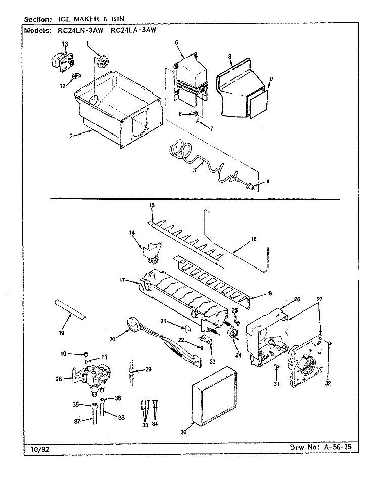 ICE MAKER & BIN Diagram and Parts List for RC24LN-3AW CS83A Amana Refrigerator