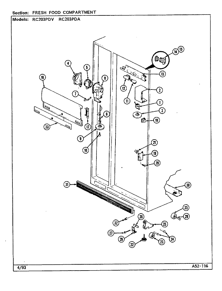 FRESH FOOD COMPARTMENT Diagram and Parts List for RC203PDV  Magic Chef Refrigerator