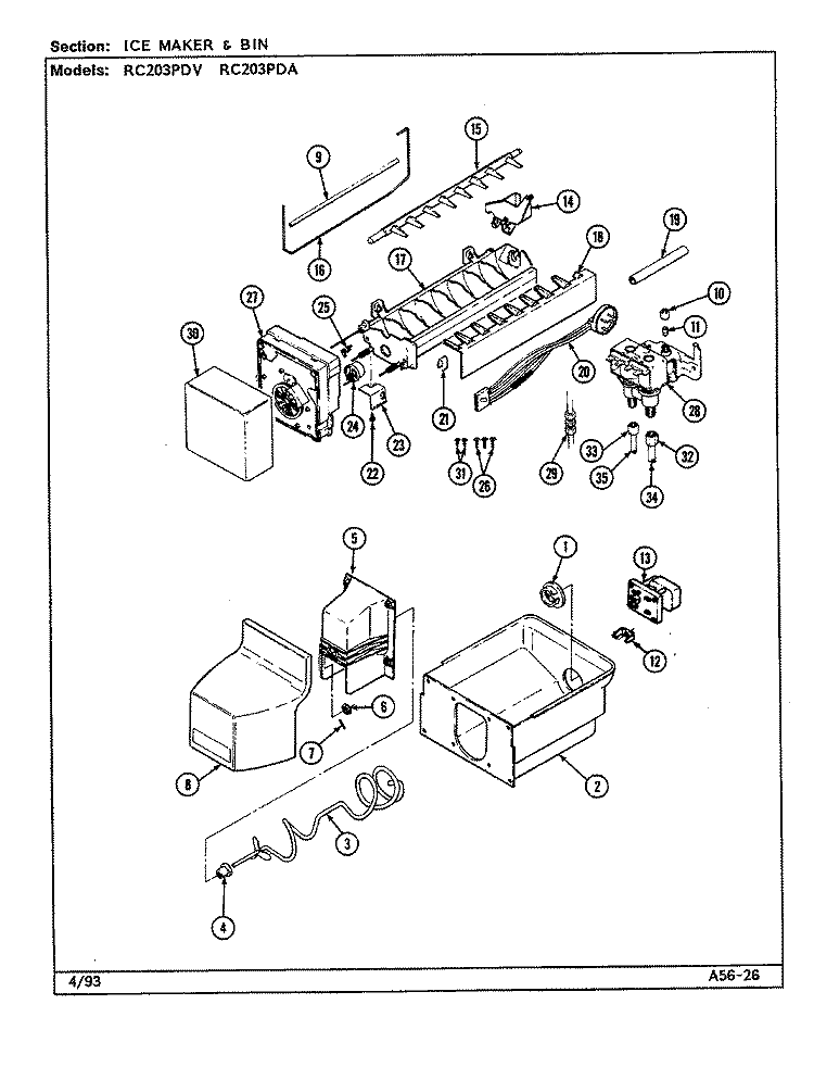 ICE MAKER & BIN Diagram and Parts List for RC203PDV  Magic Chef Refrigerator