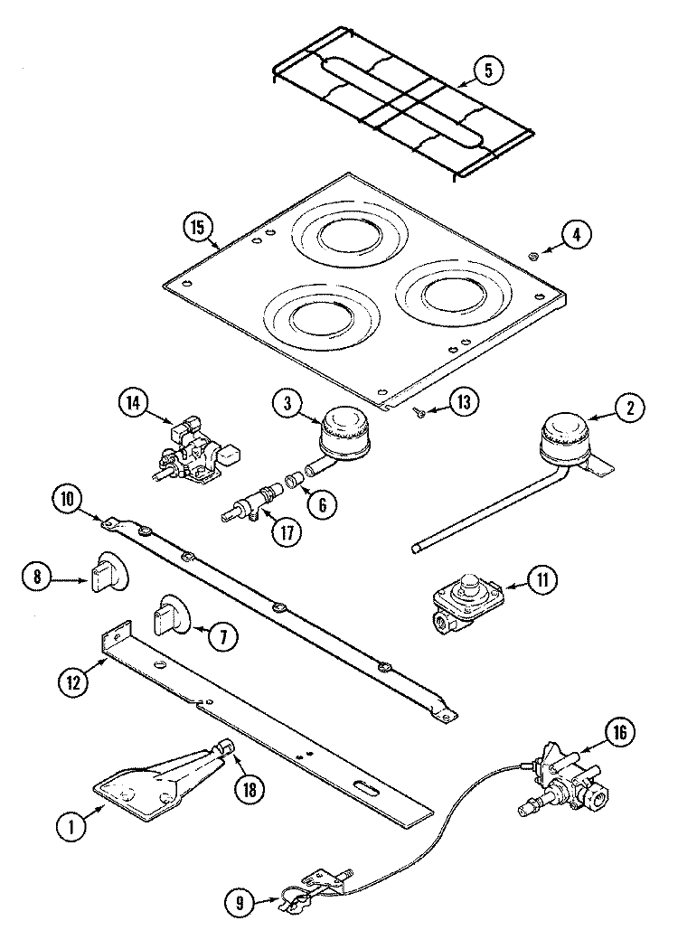 MAIN TOP & BURNER ASSEMBLY Diagram and Parts List for 16RB-3B  Magic Chef Range