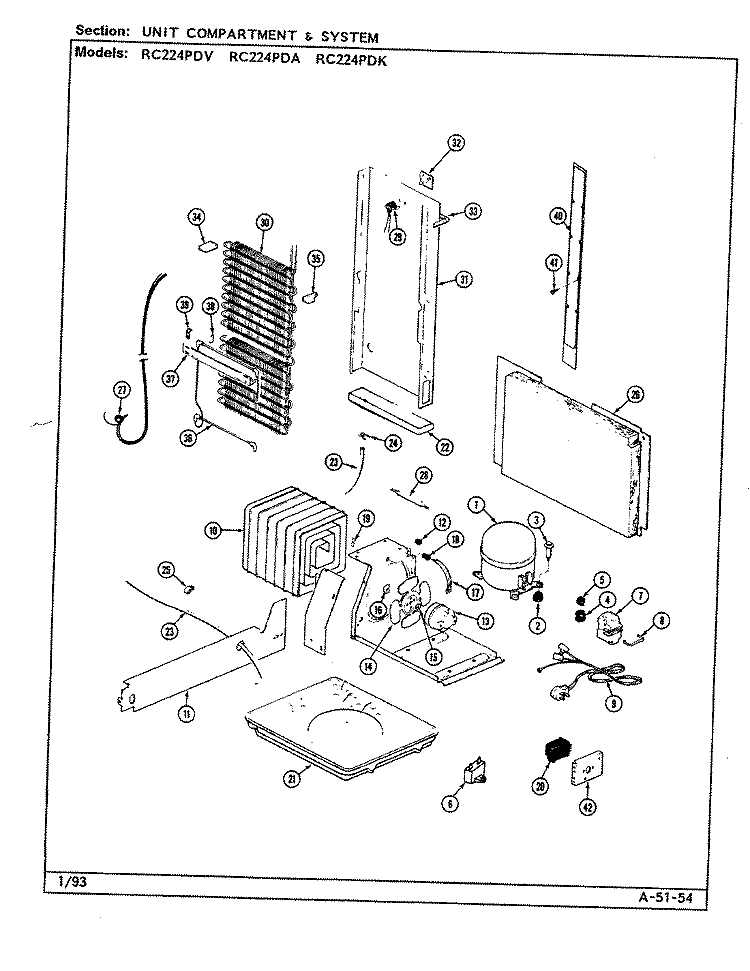 UNIT COMPARTMENT & SYSTEM Diagram and Parts List for RC224PDV DS32A Amana Refrigerator