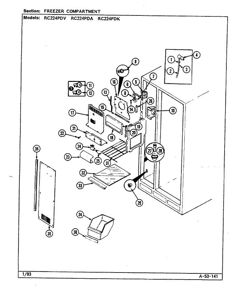 FREEZER COMPARTMENT Diagram and Parts List for RC224PDV DS32A Amana Refrigerator