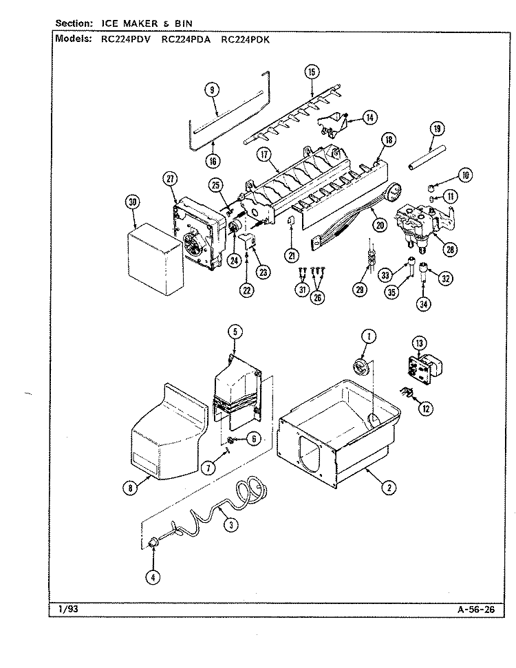 ICE MAKER & BIN Diagram and Parts List for RC224PDV DS32A Amana Refrigerator