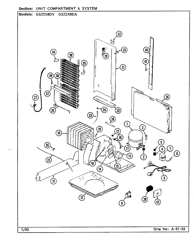 UNIT COMPARTMENT & SYSTEM Diagram and Parts List for GS22X8DA DR34A Admiral Refrigerator