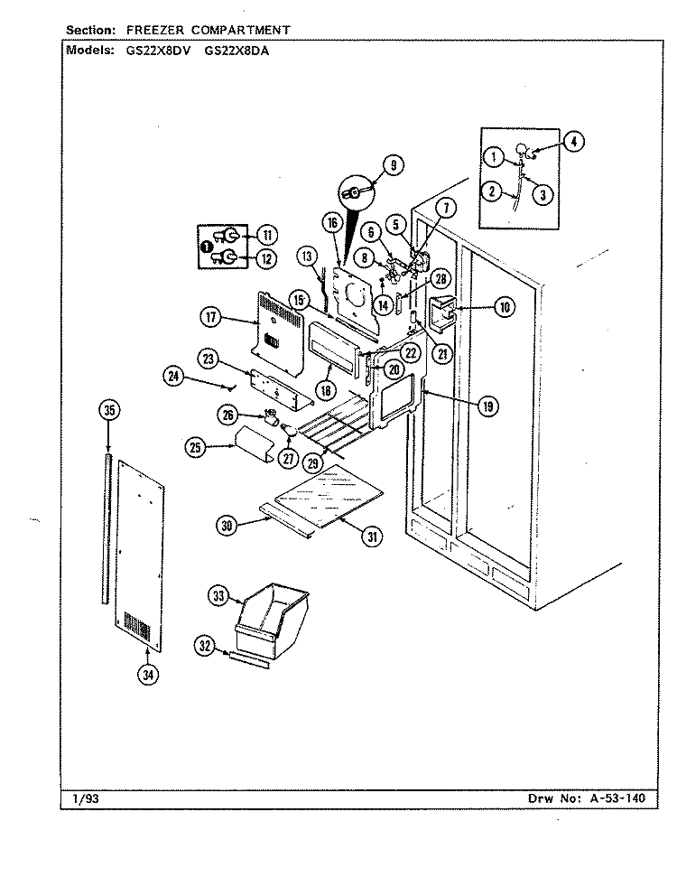 FREEZER COMPARTMENT Diagram and Parts List for GS22X8DV DR33B Admiral Refrigerator