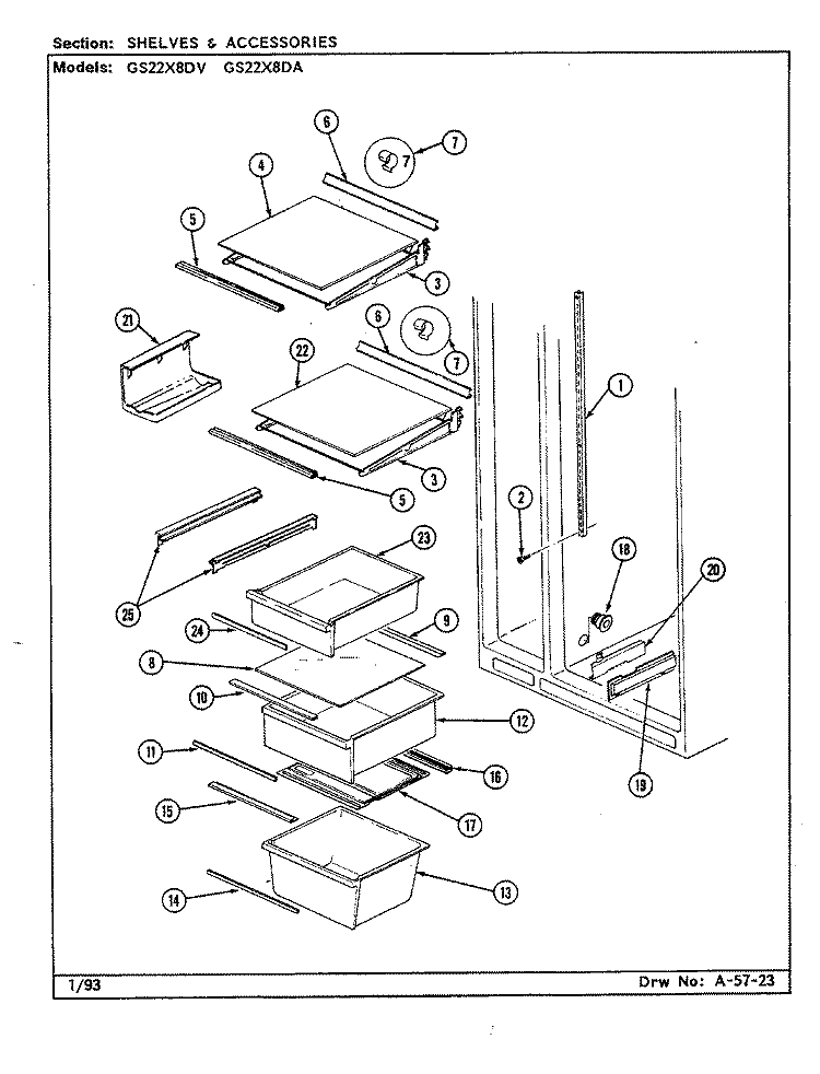 SHELVES & ACCESSORIES Diagram and Parts List for GS22X8DA  Admiral Refrigerator