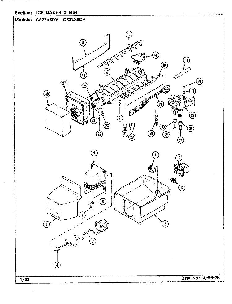 ICE MAKER & BIN Diagram and Parts List for GS22X8DA  Admiral Refrigerator