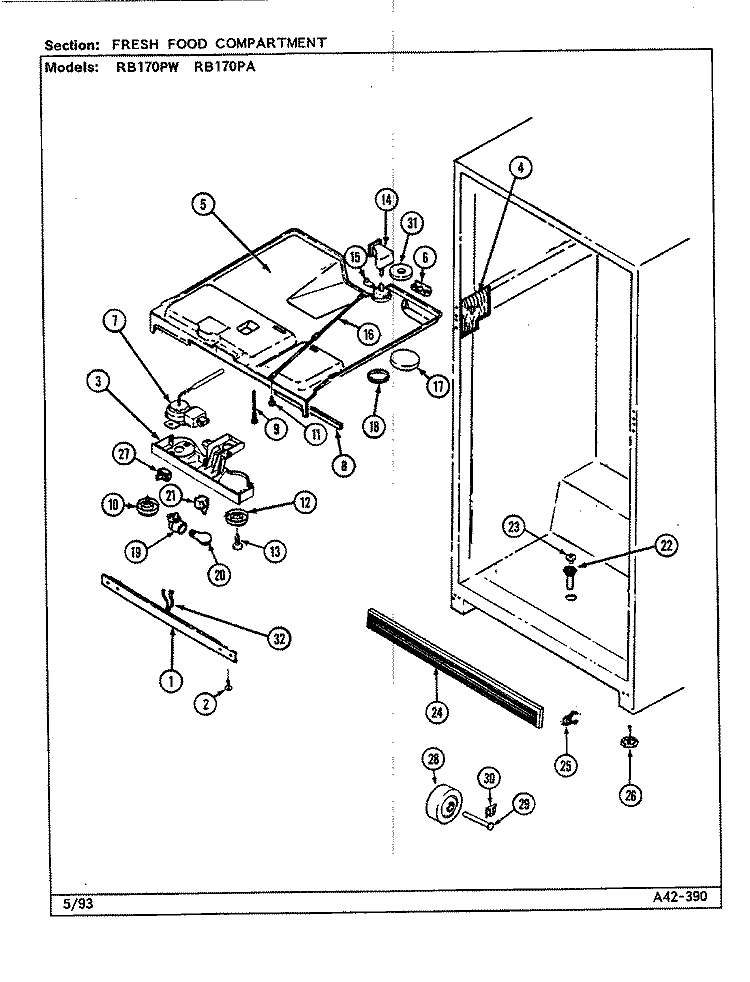 FRESH FOOD COMPARTMENT Diagram and Parts List for RB170PW DG25A Magic Chef Refrigerator