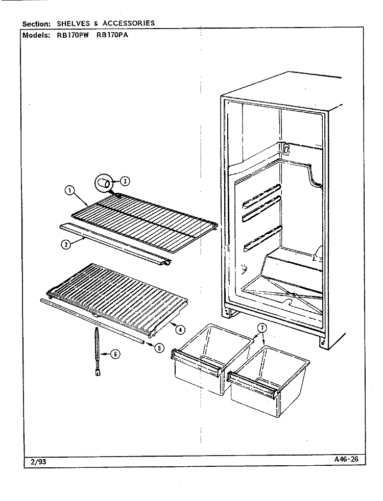 SHELVES & ACCESSORIES Diagram and Parts List for RB170PW DG25A Magic Chef Refrigerator