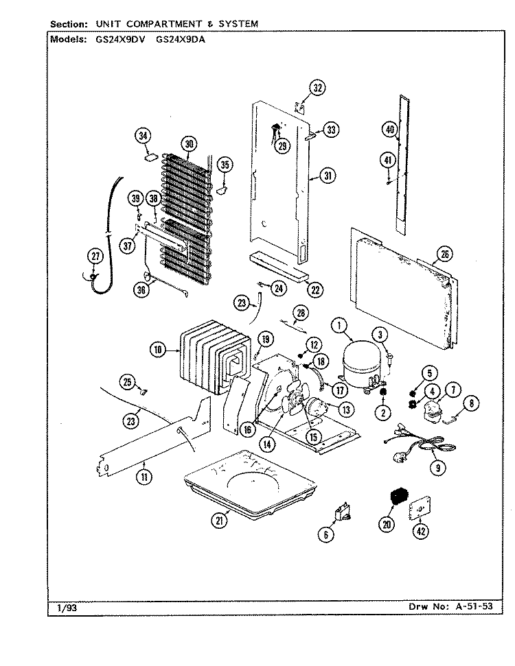 UNIT COMPARTMENT & SYSTEM Diagram and Parts List for GS24X9DA DR86A Admiral Refrigerator