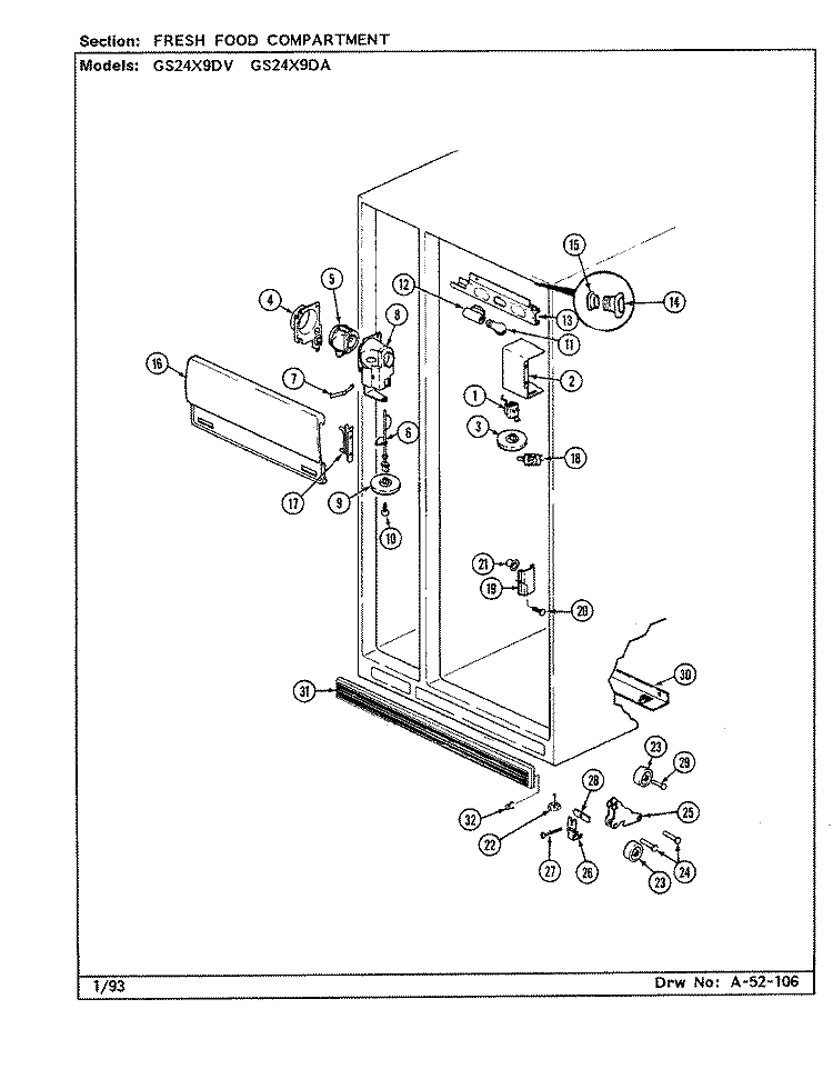 FRESH FOOD COMPARTMENT Diagram and Parts List for GS24X9DA DR86A Admiral Refrigerator