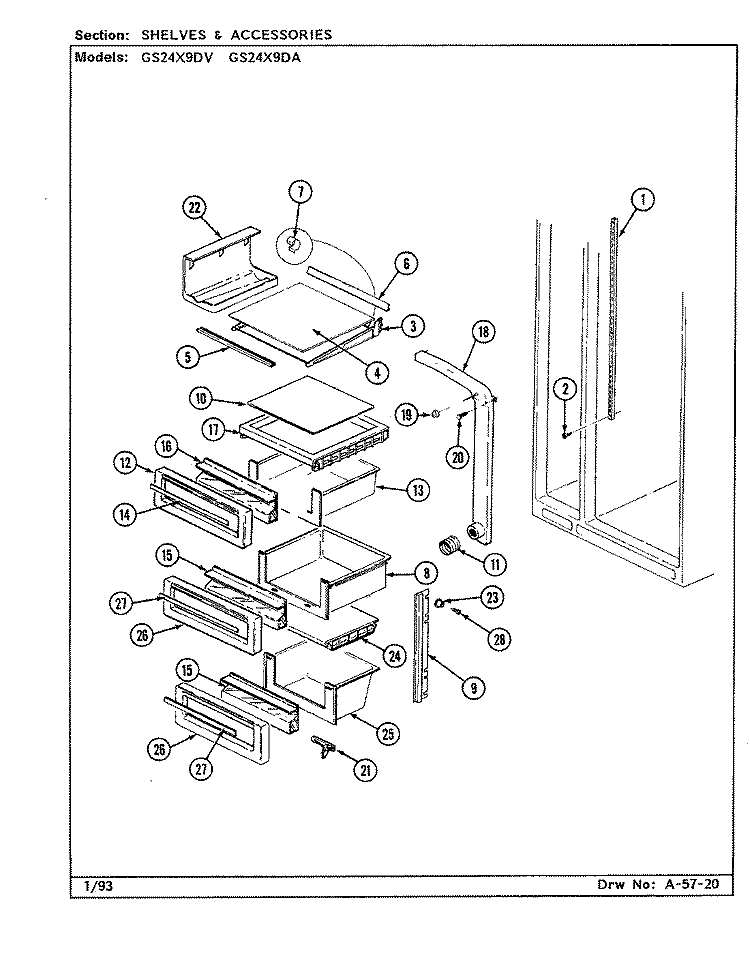 SHELVES & ACCESSORIES Diagram and Parts List for GS24X9DA DR86A Admiral Refrigerator