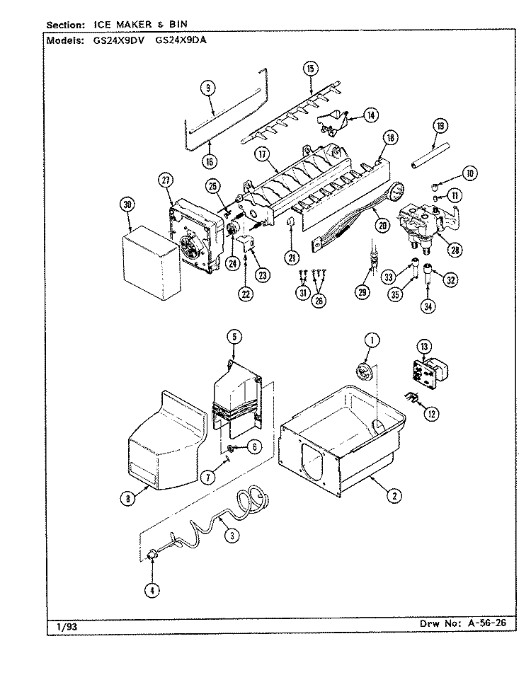 ICE MAKER & BIN Diagram and Parts List for GS24X9DA DR86A Admiral Refrigerator