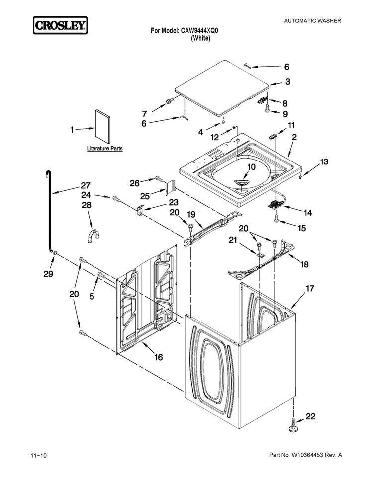 Top And Cabinet Parts Diagram and Parts List for CAW9444XQ0  Crosley Washer