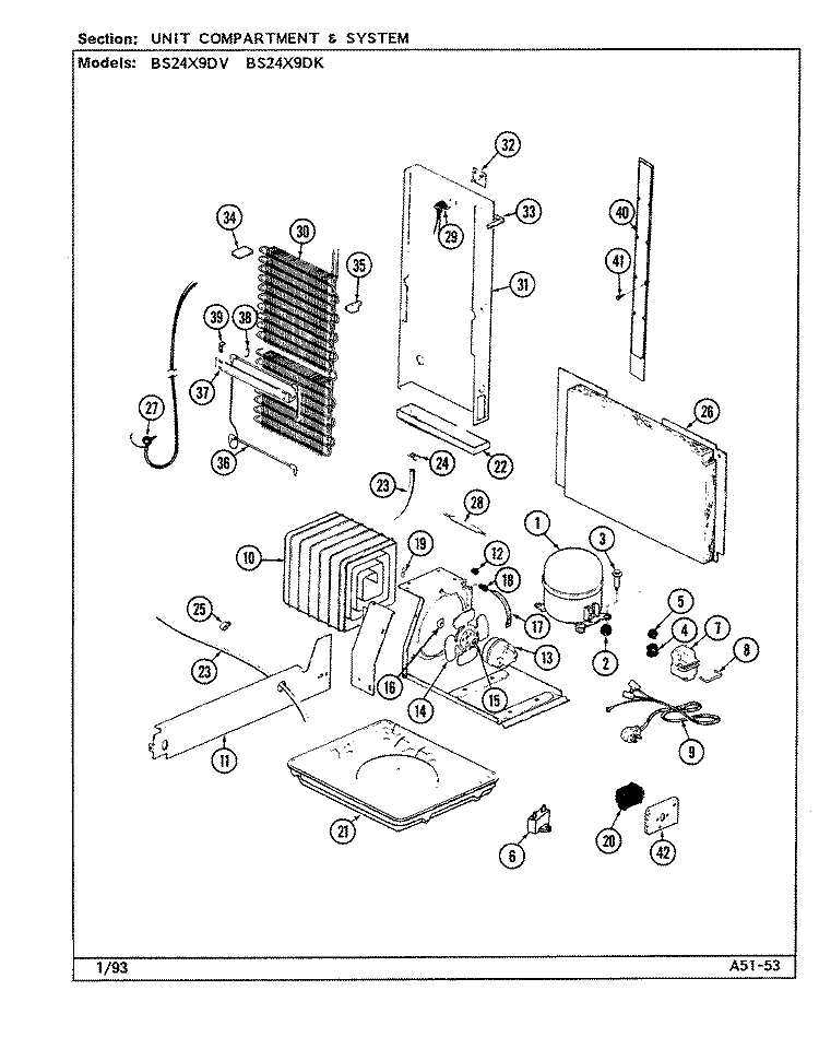 UNIT COMPARTMENT & SYSTEM Diagram and Parts List for BS24X9DK DN92A Admiral Refrigerator