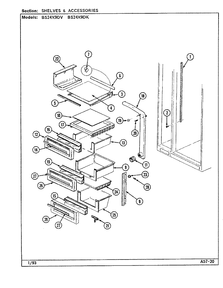 SHELVES & ACCESSORIES Diagram and Parts List for BS24X9DK DN92A Admiral Refrigerator