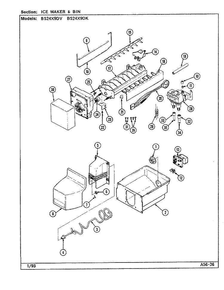 ICE MAKER & BIN Diagram and Parts List for BS24X9DK DN92A Admiral Refrigerator